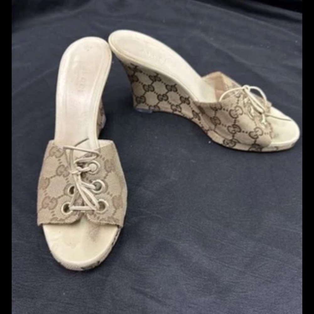 Gucci Tan Monogram Wedge Sandals